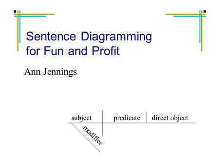 Sentence Diagramming for Fun and Profit Ann Jennings subjectpredicatedirect object modifier.