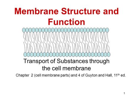 1 Membrane Structure and Function Transport of Substances through the cell membrane Chapter 2 (cell membrane parts) and 4 of Guyton and Hall, 11 th ed.