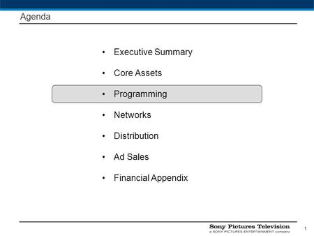 Agenda Executive Summary Core Assets Programming Networks Distribution