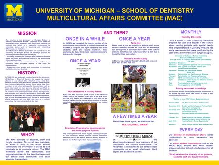 UNIVERSITY OF MICHIGAN – SCHOOL OF DENTISTRY MULTICULTURAL AFFAIRS COMMITTEE (MAC) HISTORY In 1994 / 95, we conducted a cultural audit at the University.