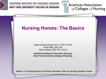 Nursing Homes: The Basics Sarah Greene Burger, RN-C, MPH, FAAN Ethel Mitty, EdD, RN Mathy Mezey, EdD, RN, FAAN Hartford Institute for Geriatric Nursing,