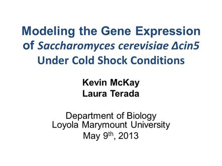 Modeling the Gene Expression of Saccharomyces cerevisiae Δcin5 Under Cold Shock Conditions Kevin McKay Laura Terada Department of Biology Loyola Marymount.