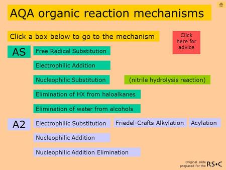 Original slide prepared for the Free Radical Substitution AQA organic reaction mechanisms Click a box below to go to the mechanism Electrophilic Addition.
