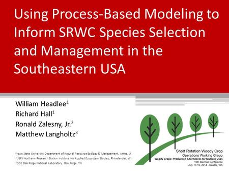 Using Process-Based Modeling to Inform SRWC Species Selection and Management in the Southeastern USA William Headlee 1 Richard Hall 1 Ronald Zalesny, Jr.