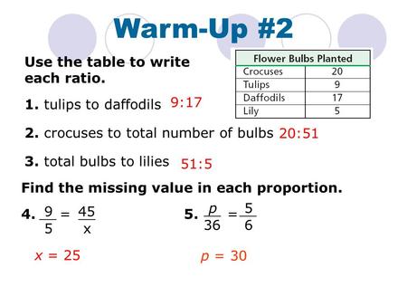 Warm-Up #2 Use the table to write each ratio. 1. tulips to daffodils 2. crocuses to total number of bulbs 3. total bulbs to lilies 20:51 9:17 51:5 Find.
