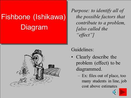 Fishbone (Ishikawa) Diagram Fishbone (Ishikawa) Diagram Purpose: to identify all of the possible factors that contribute to a problem, [also called the.