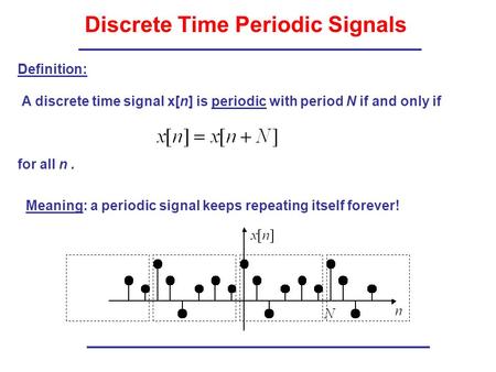 Discrete Time Periodic Signals A discrete time signal x[n] is periodic with period N if and only if for all n. Definition: Meaning: a periodic signal keeps.