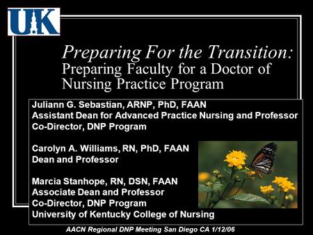Preparing For the Transition: Preparing Faculty for a Doctor of Nursing Practice Program Juliann G. Sebastian, ARNP, PhD, FAAN Assistant Dean for Advanced.