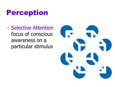 Perception Selective Attention				 focus of conscious 		 awareness on a 			 particular stimulus.