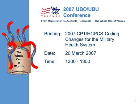 From Registration to Accounts Receivable – The Whole Can of Worms 2007 UBO/UBU Conference 1 Briefing: 2007 CPT/HCPCS Coding Changes for the Military Health.