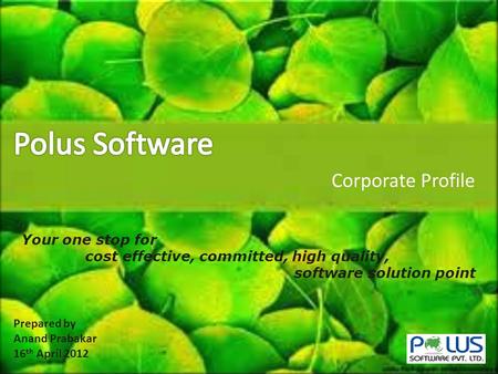 Polus Software Prepared by Anand Prabakar 16 th April 2012 Corporate Profile Your one stop for cost effective, committed, high quality, software solution.