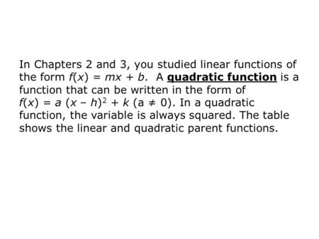 In Chapters 2 and 3, you studied linear functions of the form f(x) = mx + b. A quadratic function is a function that can be written in the form of f(x)