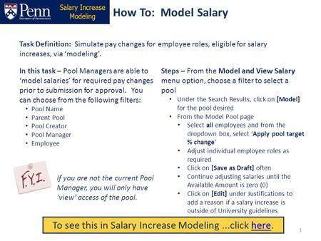 Steps – From the Model and View Salary menu option, choose a filter to select a pool Under the Search Results, click on [Model] for the pool desired From.