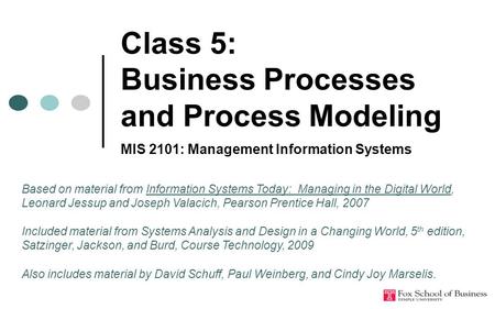 Class 5: Business Processes and Process Modeling MIS 2101: Management Information Systems Based on material from Information Systems Today: Managing in.