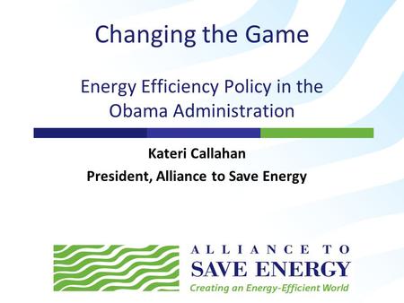 Changing the Game Energy Efficiency Policy in the Obama Administration Kateri Callahan President, Alliance to Save Energy.