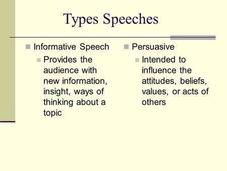Informative Speech Provides the audience with new information, insight, ways of thinking about a topic Persuasive Intended to influence the attitudes,