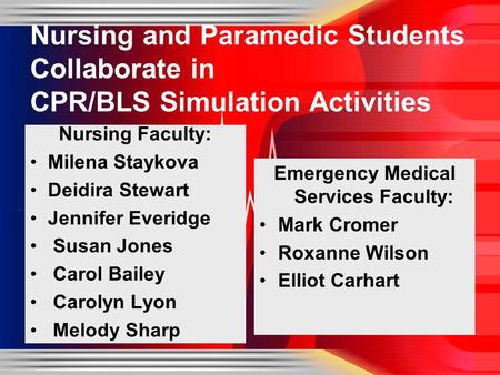 Nursing and Paramedic Students Collaborate in CPR/BLS Simulation Activities Nursing Faculty: Milena Staykova Deidira Stewart Jennifer Everidge Susan Jones.