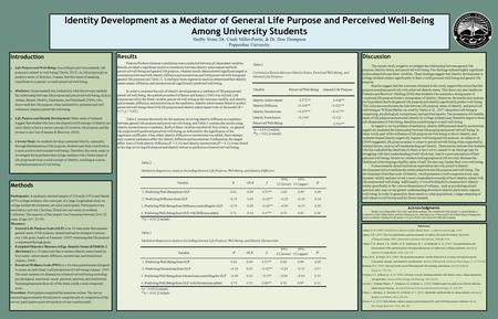 Identity Development as a Mediator of General Life Purpose and Perceived Well-Being Among University Students Shelby Stone, Dr. Cindy Miller-Perrin, &