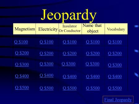 Jeopardy Electricity Name that object Magnetism Q $100 Q $100 Q $100