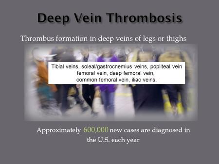 Approximately 600,000 new cases are diagnosed in the U.S. each year Thrombus formation in deep veins of legs or thighs Tibial veins, soleal/gastrocnemius.