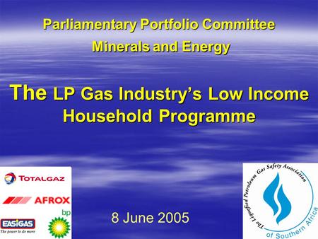 Parliamentary Portfolio Committee Minerals and Energy The LP Gas Industry’s Low Income Household Programme 8 June 2005.