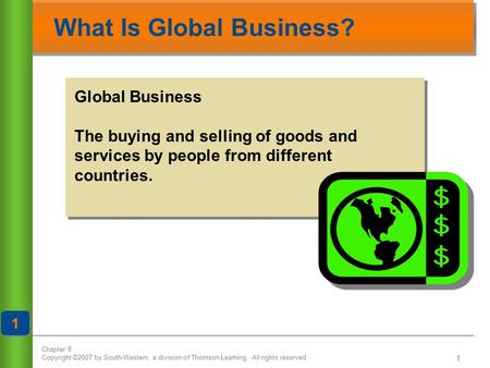 Chapter 8 Copyright ©2007 by South-Western, a division of Thomson Learning. All rights reserved 1 What Is Global Business? 1 1 Global Business The buying.