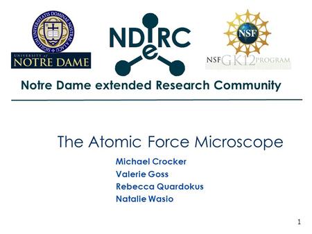 Notre Dame extended Research Community 1 The Atomic Force Microscope Michael Crocker Valerie Goss Rebecca Quardokus Natalie Wasio.