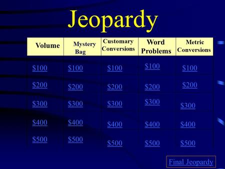 Jeopardy Word Problems Metric Mystery Volume $100 $100 $100 $100 $100