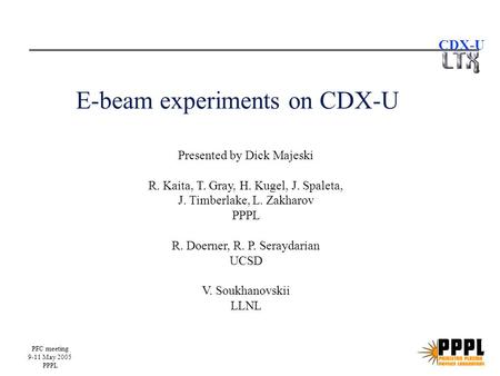 PFC meeting 9-11 May 2005 PPPL CDX-U E-beam experiments on CDX-U Presented by Dick Majeski R. Kaita, T. Gray, H. Kugel, J. Spaleta, J. Timberlake, L. Zakharov.