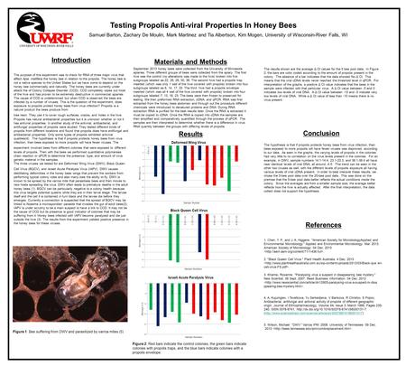 Testing Propolis Anti-viral Properties In Honey Bees Samuel Barton, Zachary De Moulin, Mark Martinez and Tia Albertson, Kim Mogen, University of Wisconsin-River.