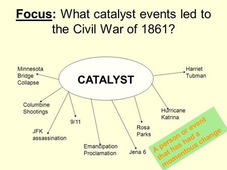 Focus: What catalyst events led to the Civil War of 1861? CATALYST Emancipation Proclamation Harriet Tubman 9/11 Hurricane Katrina JFK assassination Rosa.