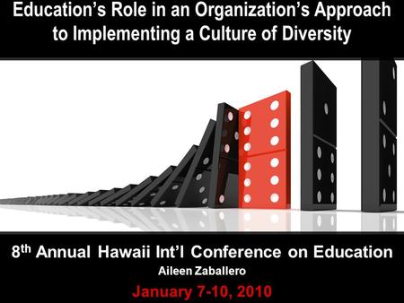 Education’s Role in an Organization’s Approach to Implementing a Culture of Diversity 8 th Annual Hawaii Int’l Conference on Education Aileen Zaballero.