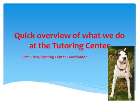 Quick overview of what we do at the Tutoring Center Pam Cross, Writing Center Coordinator.