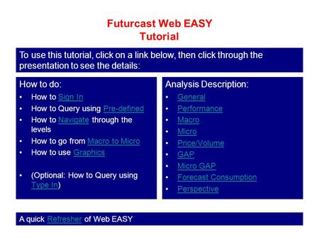 Futurcast Web EASY Tutorial How to Sign InSign In How to Query using Pre-definedPre-defined How to Navigate through the levelsNavigate How to go from Macro.