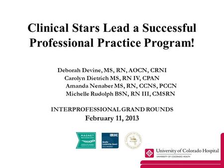 Clinical Stars Lead a Successful Professional Practice Program! Deborah Devine, MS, RN, AOCN, CRNI Carolyn Dietrich MS, RN IV, CPAN Amanda Nenaber MS,