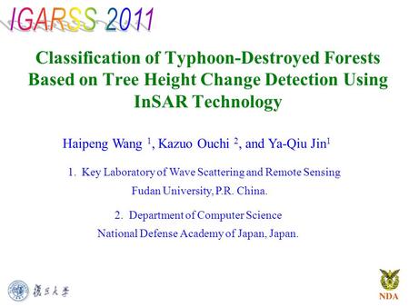 IGARSS 2011 Classification of Typhoon-Destroyed Forests Based on Tree Height Change Detection Using InSAR Technology Haipeng Wang 1, Kazuo Ouchi 2, and.