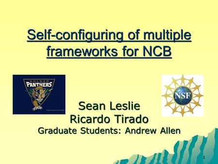 1 Self-configuring of multiple frameworks for NCB Sean Leslie Ricardo Tirado Graduate Students: Andrew Allen.