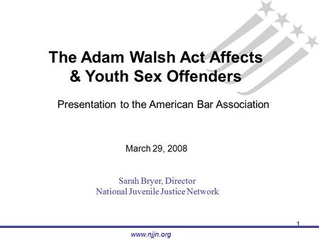1 www.njjn.org The Adam Walsh Act Affects & Youth Sex Offenders Presentation to the American Bar Association March 29, 2008 Sarah Bryer, Director National.