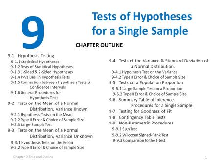 Chapter 9 Title and Outline 1 9 Tests of Hypotheses for a Single Sample 9-1 Hypothesis Testing 9-1.1 Statistical Hypotheses 9-1.2 Tests of Statistical.