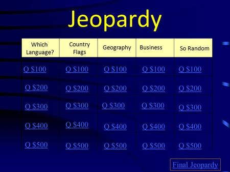Jeopardy Which Language? Country Flags So Random Q $100 Q $200 Q $300 Q $400 Q $500 Q $100 Q $200 Q $300 Q $400 Q $500 Final Jeopardy GeographyBusiness.