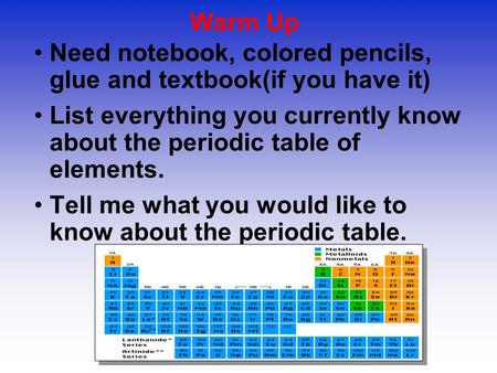 Warm Up Need notebook, colored pencils, glue and textbook(if you have it) List everything you currently know about the periodic table of elements. Tell.