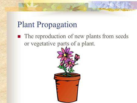 Plant Propagation The reproduction of new plants from seeds or vegetative parts of a plant.