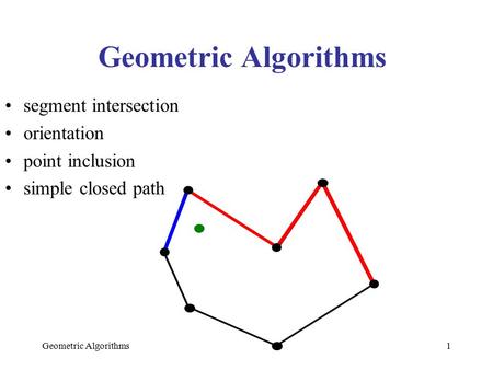 Geometric Algorithms1 segment intersection orientation point inclusion simple closed path.
