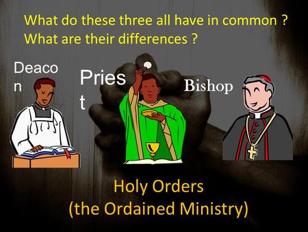 Holy Orders (the Ordained Ministry) Pries t Deaco n Bishop What do these three all have in common ? What are their differences ?