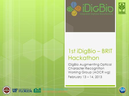 1st iDigBio – BRIT Hackathon iDigBio Augmenting Optical Character Recognition Working Group (AOCR wg) February 13 – 14, 2013.