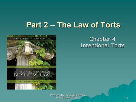 Prepared by Douglas Peterson, University of Alberta 4-1 Part 2 – The Law of Torts Chapter 4 Intentional Torts.