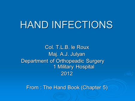 HAND INFECTIONS Col. T.L.B. le Roux Maj. A.J. Julyan Department of Orthopeadic Surgery 1 Military Hospital Department of Orthopeadic Surgery 1 Military.
