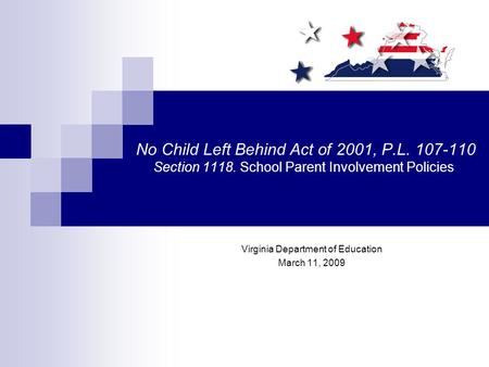 No Child Left Behind Act of 2001, P.L. 107-110 Section 1118. School Parent Involvement Policies Virginia Department of Education March 11, 2009.