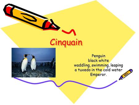 Cinquain Penguin black white waddling, swimming, leaping