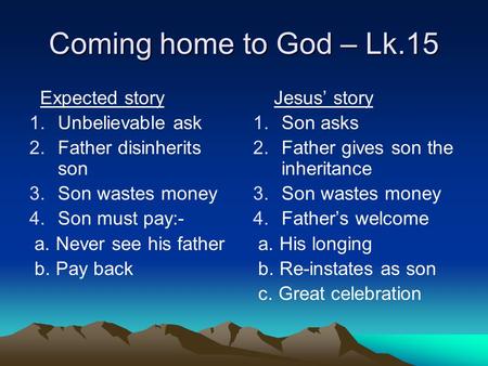 Coming home to God – Lk.15 Expected story 1.Unbelievable ask 2.Father disinherits son 3.Son wastes money 4.Son must pay:- a. Never see his father b. Pay.